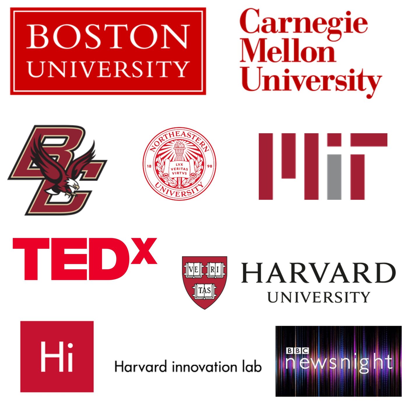 Academic and media logos including Boston University, Carnegie Mellon, MIT, Harvard, TEDx, and BBC