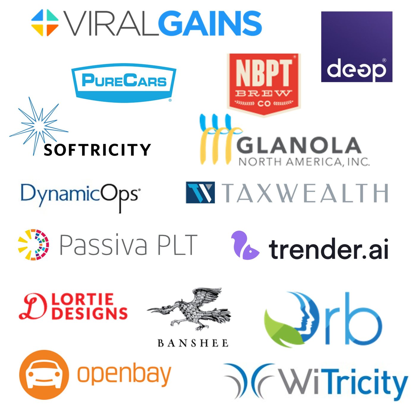 Investment portfolio company logos including ViralGains, WiTricity, PureCars, DynamicOps, and trender.ai